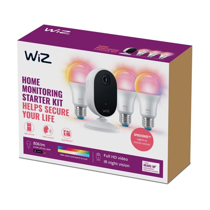 WiZ - Kit för monitoring the household: 1x camera + 3x LED RGB glödlampa A60 E27/8,5W/230V Wi-Fi