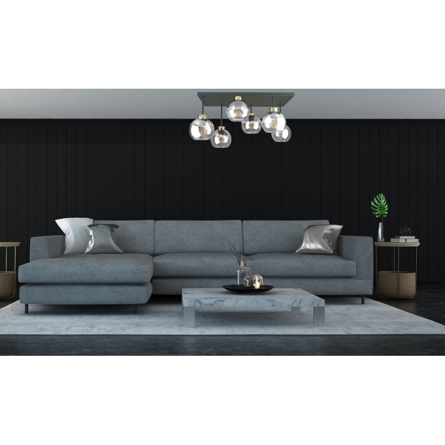 Ytmonterad ljuskrona NESSA 6xE27/60W/230V svart/guld/genomskinlig