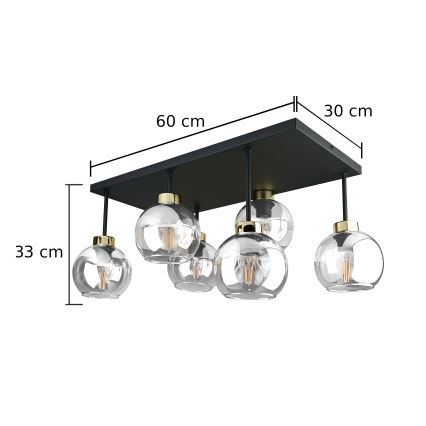 Ytmonterad ljuskrona NESSA 6xE27/60W/230V svart/guld/genomskinlig