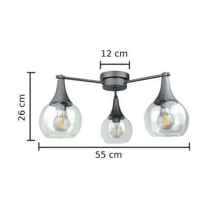 Ytmonterad ljuskrona STAR 3xE27/60W/230V svart/genomskinlig